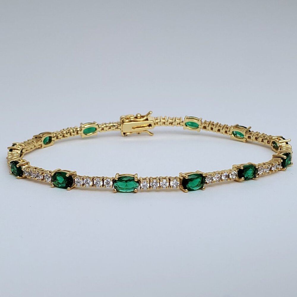 14K Gold Womens 2ct Green Emerald Gemstone Diamond Tennis Bracelet 7" 8" Jewelry